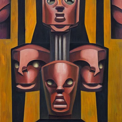 Image similar to three brutalist giant sacred robots visage, portrait, cathedral, dystopian, pj crook, edward hopper, oil on canvas