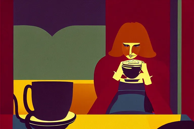 Image similar to editorial illustration by Karolis Strautniekas and Mads Berg, portrait of a woman drinking tea in a crowded cafe, colorful, fine texture,detailed, muted colors,film noir, dramatic lighting, dynamic composition, vivid, matte print, wide angle,((sunbeams)), moody, extreme perspective