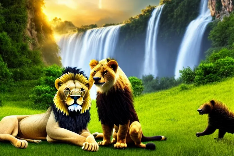 Prompt: two animals : a lion and a honey badger, sitting in a meadow with a waterfall in the background, many details, high quality, 8 k