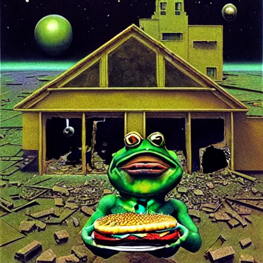 Prompt: a man with a frog head eating cheeseburger in front of devastating broken building in space, by by otto dix, junji ito, hr ginger, jan svankmeyer, beksinski, claymation, hyperrealistic aesthetic, masterpiece