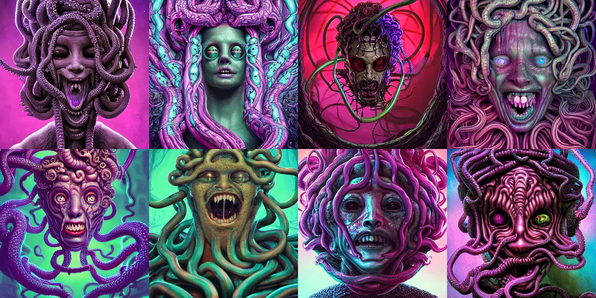 Prompt: beautiful creepy medusa gorgon head, horror poster 9 0 s, cosmic horror, abstract, ghostly, arcade, duotone, poltergeist, lets get weird, intricate, elegant, highly detailed, artstation, smooth, sharp focus, unreal engine 5, raytracing, art by beeple and mike winkelmann, ultraviolet colors,