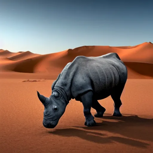 Prompt: hyper realistic rhino in the sahara with lions