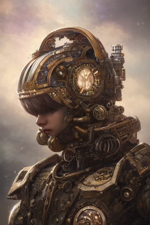 Image similar to ultra realist and ultra intricate detailed soft painting of a beautiful mechwarrior kawai in steampunk armor, thin lustrous hair, symmetry features, sensual gloomy style, soft painting, volumetric clouds, fantasy background, artstation, Tom Bagshaw artstyle, unreal render, depth of field