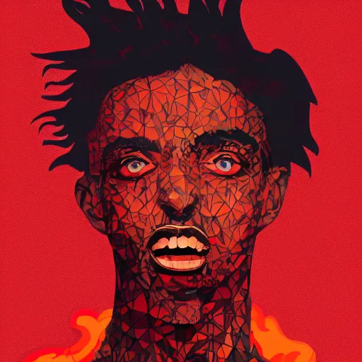 Image similar to Poster Art for Playboi Carti as a Vampire, Vector art, Geometric 3d shapes, Whole Lotta Red, Paper Marbling, Red smoke, by Sachin Teng, Trending on artstation