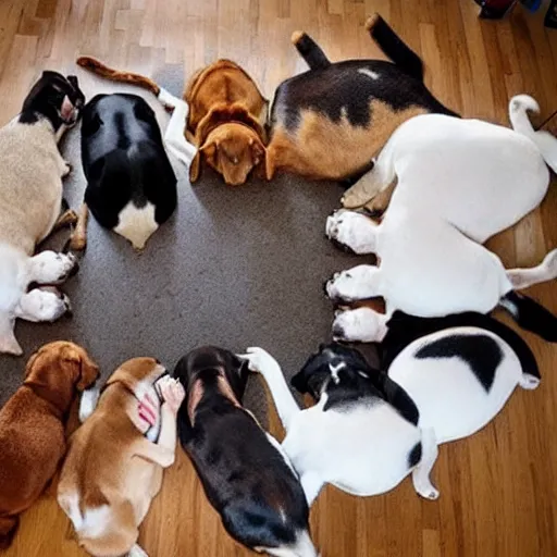 Prompt: 6 dogs on the floor