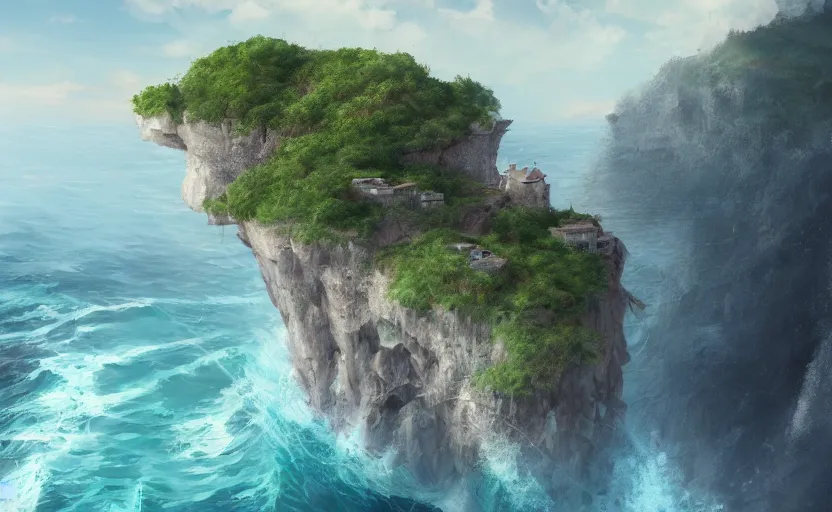 Image similar to one house on a cliff over an ocean, one small boat, dangerous cliffside, trees. matte painting, anime, trending on ArtStation, digital art.