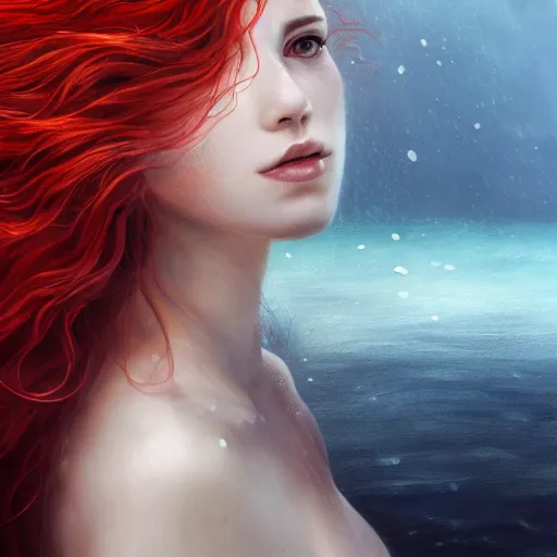 Image similar to a portrait of woman with long dark curly red hair under the water, stoic, windy, pale skin with dark scales, mermaid, alone, underwater, fish, white eyes, dramatic, epic painting, painting by wlop and nixeu, semirealism, artstation, octane render, sharpness, 8 k, golden ratio