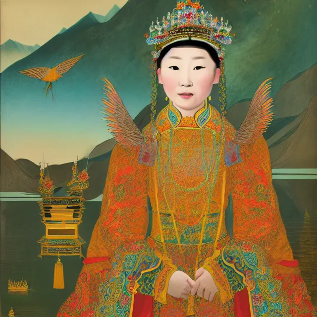 Image similar to in the art style of dittmann, anna, by dittmann, anna, portrait of a beautiful asian mongolian princess goddess spreading its wings, portrait of princess wearing a beautiful ornate crown, in the background lake baikal is seen