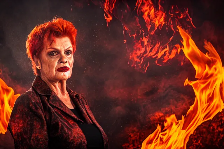 Prompt: Pauline Hanson as The Joker, standing in hell surrounded by fire and flames and bones and brimstone, portrait photography, depth of field, bokeh