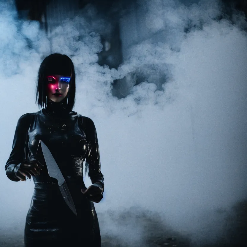 Image similar to a photo close up cyberpunk woman, knife dance in cyberpunk dirty alley, smoke mist rain, cyberpunk gunma prefecture, midnight, photorealistic, cinematic color, studio lighting, highly detailed, bokeh, style by tomino - sama