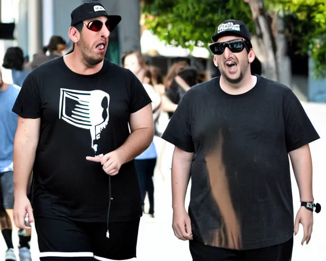 Image similar to fat gamer adam sandler wearing gamer shorts and a goth gf walking in hollywood. espn coverage