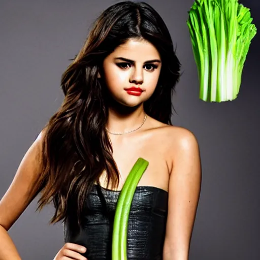 Prompt: selena gomez as celery, celery body, celery mutant