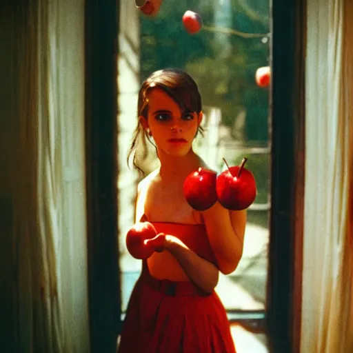 Image similar to Photograph of Emma Watson holding a red apple by the window. Golden hour, dramatic lighting. Medium shot. CineStill