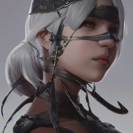 Image similar to closeup of 2B from NieR Automata wearing her blindfold, D&D, fantasy, intricate, elegant, highly detailed, digital painting, artstation, concept art, matte, sharp focus, illustration, hearthstone, art by Artgerm and Greg Rutkowski and Alphonse Mucha