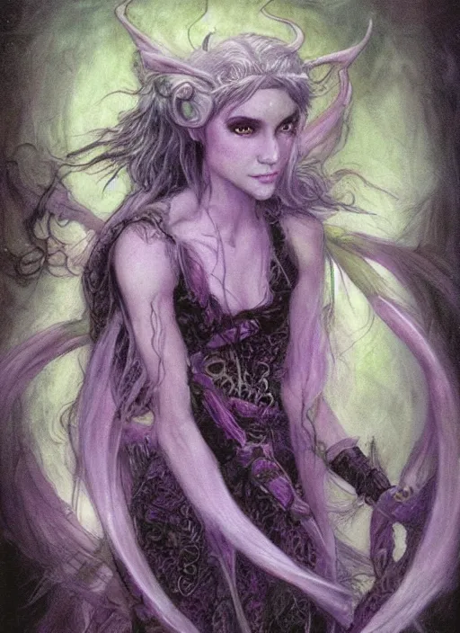 Image similar to portrait of young female sorceress of the endtimes, transluscent skin, lavender hair, beautiful! coherent! dungeons and dragons character, by brian froud, strong line, cool night color, high contrast