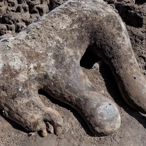 Prompt: petrified mammoth found in ruins of pompeii