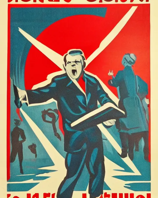 Image similar to soviet propaganda poster of an angry communist developer yelling at his computer