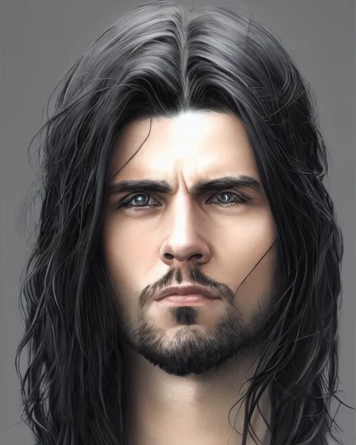 Image similar to portrait of tall, tired 3 3 - year - old handsome man with long black hair, grey eyes, wearing black clothes, hyper realistic face, beautiful eyes, character art, art by mark brooks, hyperdetailed, cryengine, trending on artstation, digital art