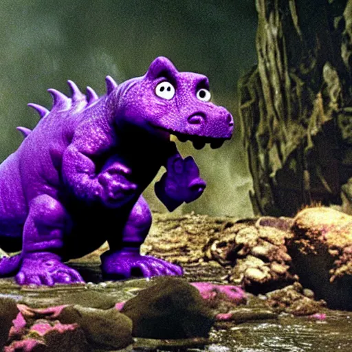 Image similar to Barney the purple dinosaur drowning in lava clutching the one ring, high resolution movie still, film by Peter Jackson