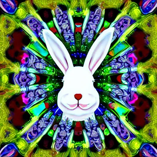 Prompt: bunny made of glass with fractal marbles inside, digital art