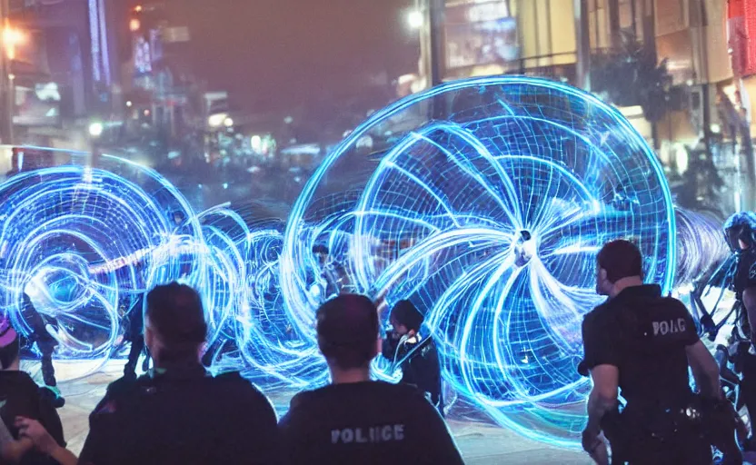 Image similar to people with posters attacking cops in front a huge blue spiral - shaped bright white luminous attractor that is floating and stores in los angeles with light screens all over the street, concept art, art for the game, professional lighting, night lighting from streetlights