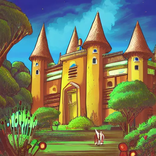 Image similar to intricate illustration, african style castle, ghibli colorful, cinematic composition