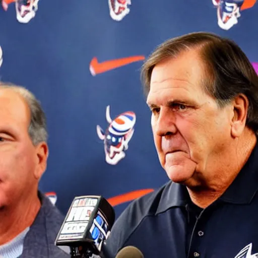 Prompt: photograph of coach Belichick at a press conference introducing his new starting quarterback, who is half octopus