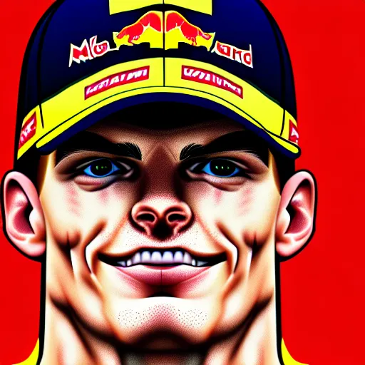 Image similar to a cartoon portrait of max verstappen, formula 1 world champion, high details, 4 k, digital art