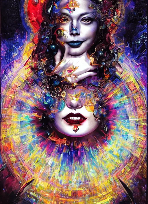 Image similar to collage of gorgeous magic cult psychic woman smiling, third eye, energetic consciousness psychedelic, epic surrealism expressionism symbolism, story telling, iconic, dark robed, oil painting, symmetrical face, dark myth mythos, by Sandra Chevrier Noriyoshi Ohrai masterpiece