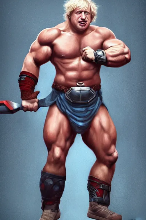 Prompt: Boris Johnson as Thor bodybuilder with hammer, Boris Johnson hairstyle, full body realistic portrait, highly detailed, muscular body, digital painting, artstation, concept art, smooth, sharp focus, illustration, cinematic lighting, art by artgerm and greg rutkowski and alphonse mucha