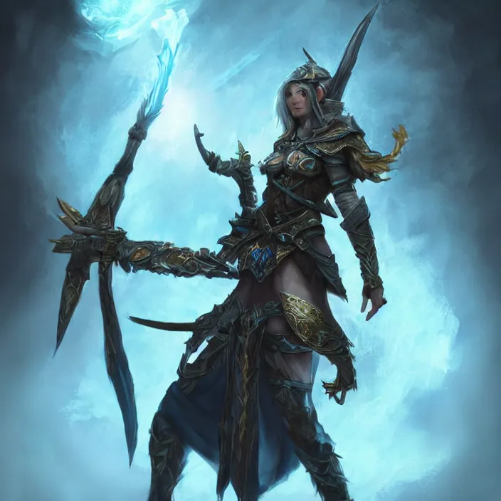 Prompt: an elf ranger with weapons drawn facing a glowing blue orb, fantasy concept art, trending on artstation, video game concept art, highly detailed, cinematic lighting, digital art, dark fantasy