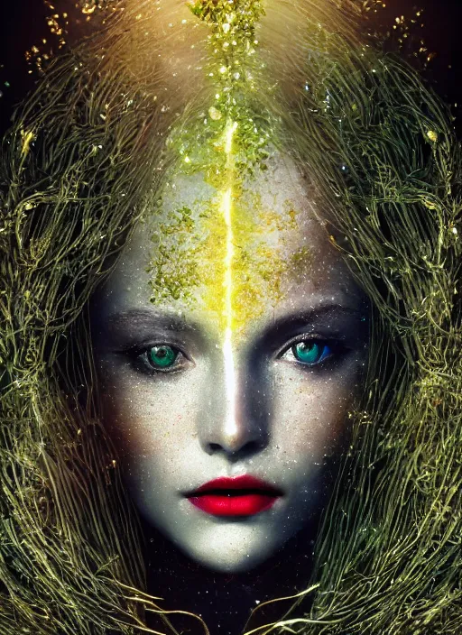 Image similar to glowing silver and golden elements, full close-up portrait, female model, dark witch, book cover, green forest, white moon, red lips, establishing shot, extremly high detail, photo-realistic, cinematic lighting, pen and ink, intricate line drawings, by Yoshitaka Amano, Ruan Jia, Kentaro Miura, Artgerm, post processed, concept art, artstation, matte painting, style by eddie, raphael lacoste, alex ross