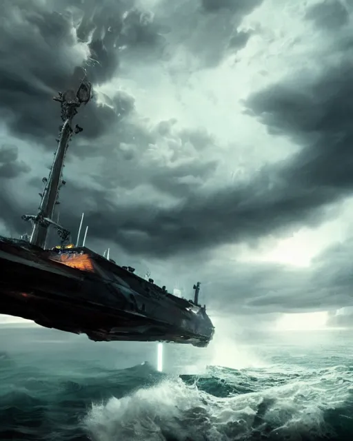 Image similar to scifi action scene of a fishing boat on stormy seas, a gigantic star destroyer spaceship flying overhead, the gigantic star destroyer spaceship is emerging from storm clouds, sunset lighting, stormy weather, dramatic lighting, unreal engine, hyper realism, realistic shading, cinematic composition, realistic render, octane render, detailed textures, photorealistic, ultrawide shot, 1 6 mm lens