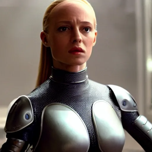Prompt: female android, scene in a ridley scott movie