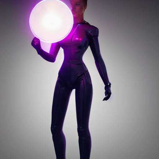 Prompt: a woman in a futuristic suit holding a glowing light, a computer rendering by Artgerm, featured on cgsociety, afrofuturism, daz3d, zbrush, futuristic