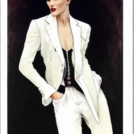 Image similar to handsome portrait of androgynous ruby rose as desire from sandman in a white tuxedo!!!, rockabilly style,, by alphonse mucha, by jeremy mann, by peter lindbergh, dave mckean, by frank moth, white suit and black tie, soft lightning, high detailed, 8 k