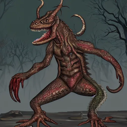 Prompt: big butcher anthropomorphic male lizardfolk posing scarily, scary angry pose, chasing you, bloody, covered in blood, fresh kill, cleaver, in a cave, earie setting, lovecraft eldritch horror, hyperdetailed, furaffinity, anthro art, furry