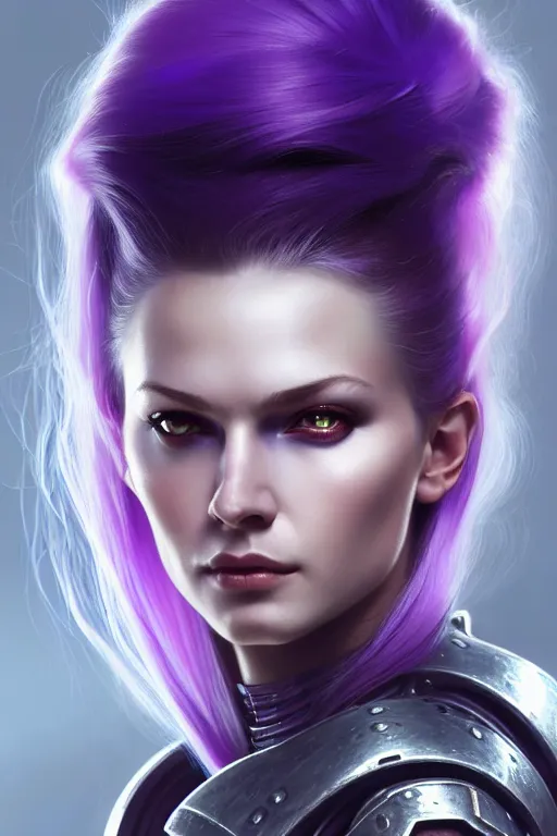 Image similar to alexey gurylev, close up portrait, pale woman in sci - fi armor with purple ponytail hair, mysterious, deep focus, d & d, complex, elegant, highly detailed, digital painting, artstation, concept art, matte, clear focus, illustration, hearthstone, artgerm art, greg rutkovsky and alphonse mucha