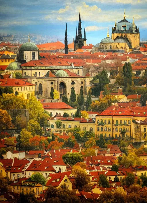 Image similar to old master painting of beautiful shot of Royal medieval European city like Prague mixed with Istanbul like Islamic architecture with greenery all around , autumn colors