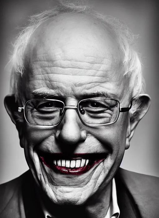 Prompt: photo of Bernie Sanders as the Joker by Lee Jeffries , big smile, head shot, detailed, award winning, Sony a7R, trending on artstation