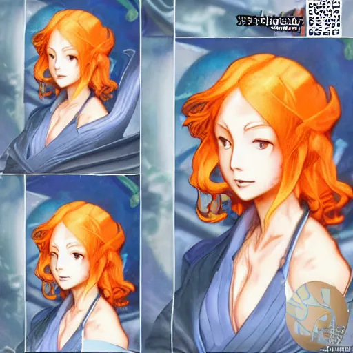 Image similar to intricately detailed vfx portrait of nami from one piece by eiichiro oda, makoto shinkai, alphonse mucha, art by artgerm and greg rutkowski, best of behance, concept art, matte, sharp focus, orange hair, elegant, adolphe bouguereau, annie leibovitz, stanley kubrick, cel shading, ray tracing, hdr,