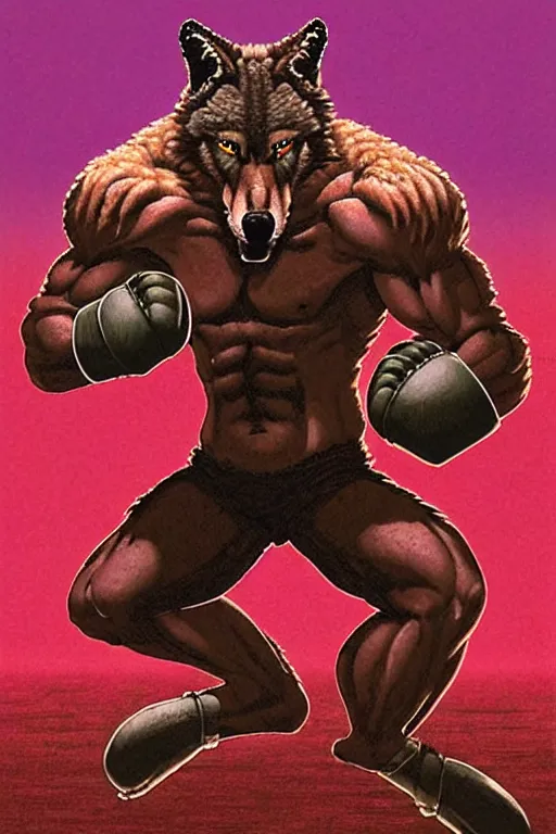 Image similar to extreme long shot. 8 bit nes graphics. antropomorphic muscular masculine wolf. kickboxer fighter, in shorts. wolf head. angry. fine details, very sharp, art from nes game cartridge, 8 0's, vhs artefacts, vaporwave style, marc simonetti and hermann nitsch.