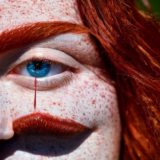 Image similar to Close up photo of the left side of the head of a redhead woman with gorgeous blue eyes and wavy long red hair, red detailed lips and freckles who looks directly at the camera. Slightly open mouth. Whole head visible and covers half of the frame, with a park visible in the background. 135mm nikon.