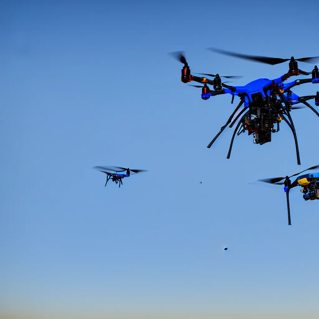 Image similar to bright blue colored drone aircraft shooting insect pests with a laser in the australian desert, XF IQ4, 150MP, 50mm, F1.4, ISO 200, 1/160s, natural light