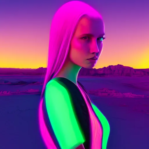 Prompt: a girl glowing with neon colors in the middle of a beautiful desert sunrise,high detail of the face, high detail, high modernization, high stylization, photorealistic, 8k resolution, octane render, unreal engine