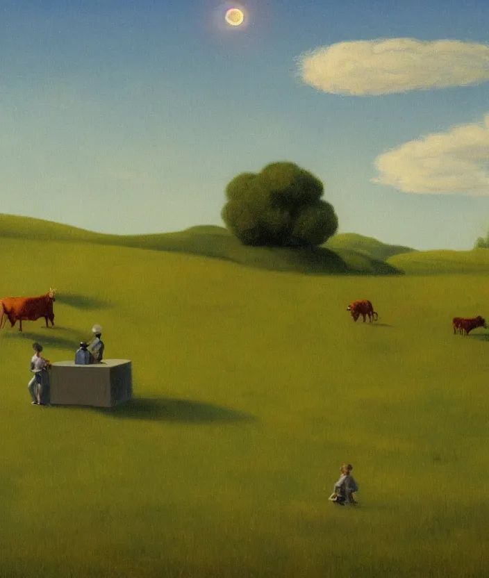 Prompt: a highly detailed painting of a ufo over a meadow, one cow is being abducted by an ufo, ufo has green light, very fine brush strokes, baby blue sky with aesthetic clouds, in the style of edward hopper, 4 k,