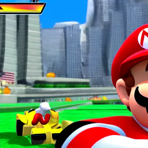 Prompt: Donald Trump is a character in Mario Kart Tour, gameplay screenshot, detalied, high rendering,