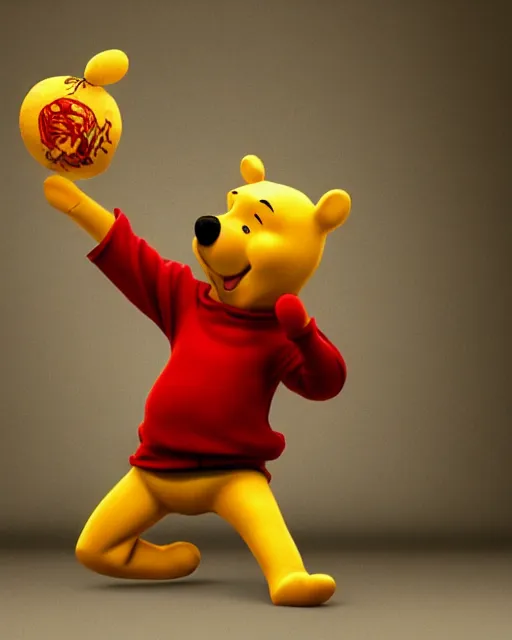 Prompt: Winnie the Pooh practicing karate at the Shaolin temple, photorealistic, studio lighting, photographed in the style of Annie Leibovitz, photorealistic, trending on artstation