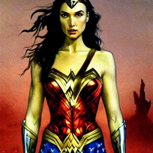 Prompt: Gal Gadot as Wonder Woman, by Beksinski