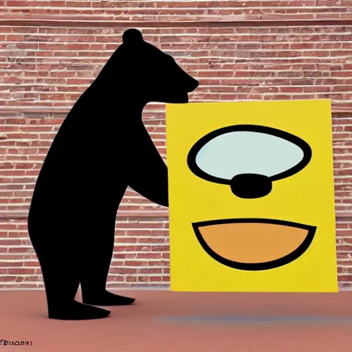 Prompt: a bear holding a'please'sign, in the style of pixar